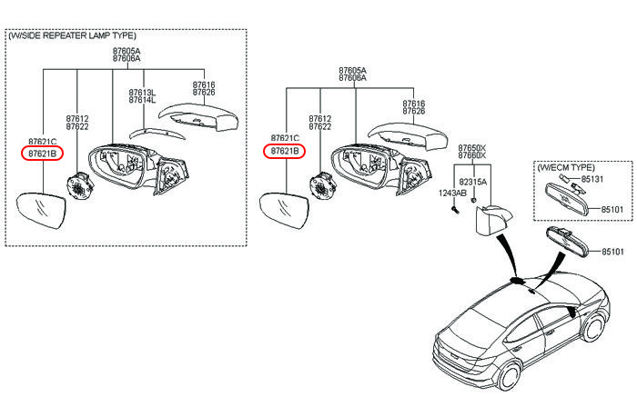 Mặt kính chiếu hậu Hyundai Elantra 16-19 RH, 87621F2000, 87621F2010, HYUNDAI HCM, KIA HCM