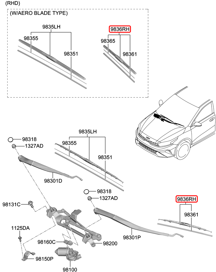 Thanh gạt mưa trước chính hãng HYUNDAI RH | 983601W050 tại HCM