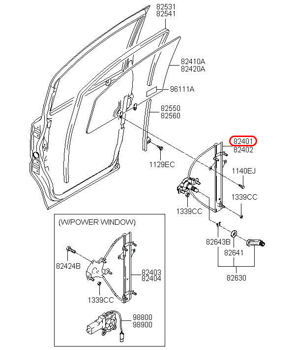 Compa nâng kính trước Libero 05 LH Dùng cơ 2.5 động cơ D4CB, 824014A000, HYUNDAI HCM, KIA HCM, chính hãng HYUNDAI