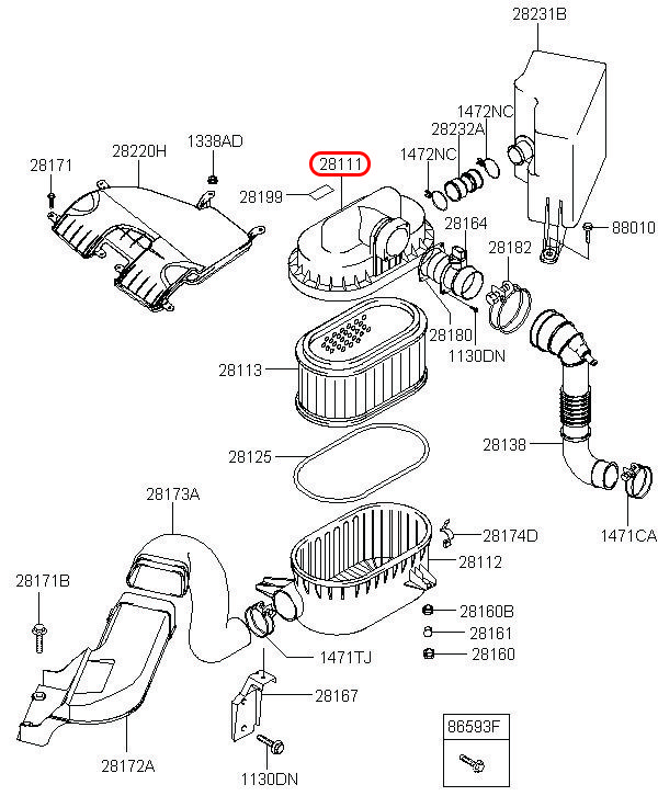 Nắp bầu lọc gió động cơ Libero 05 2.5 động cơ D4CB, 281114A600, HYUNDAI HCM, KIA HCM, chính hãng HYUNDAI