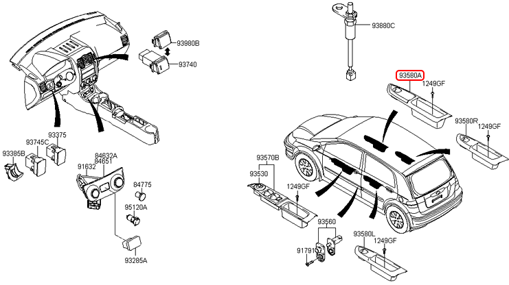 Công tắc nâng kính phụ chính hãng HYUNDAI trước RH | 935801C0008H tại HCM