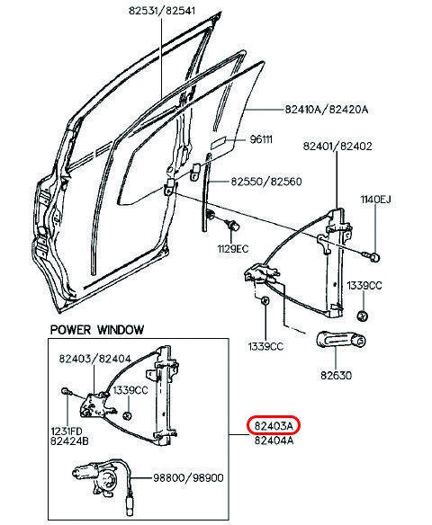 Compa nâng kính trước Libero 05 LH 2.5 động cơ D4CB, 824014A010, HYUNDAI HCM, KIA HCM, chính hãng HYUNDAI