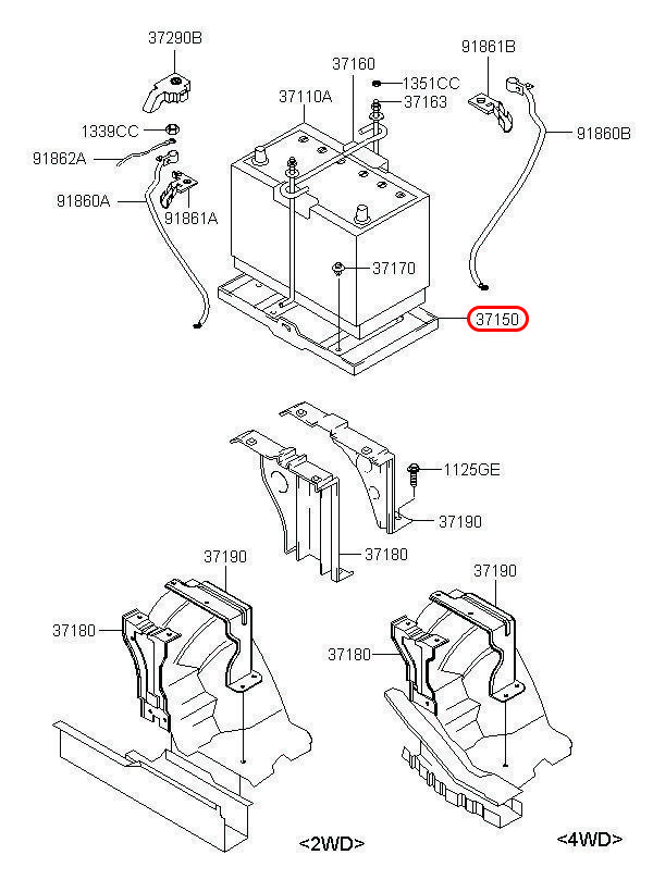 Đế bình ắc quy Libero 05 2.5 động cơ D4CB, 371504A100, HYUNDAI HCM, KIA HCM, chính hãng HYUNDAI