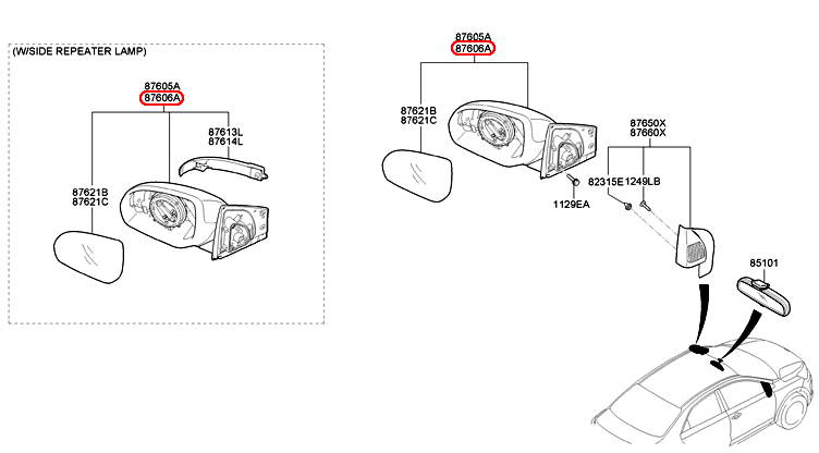 Kính chiếu hậu KIA Soluto 19 RH gập tay 5 giắc, 87620H7010,chính hãng KIA HCM