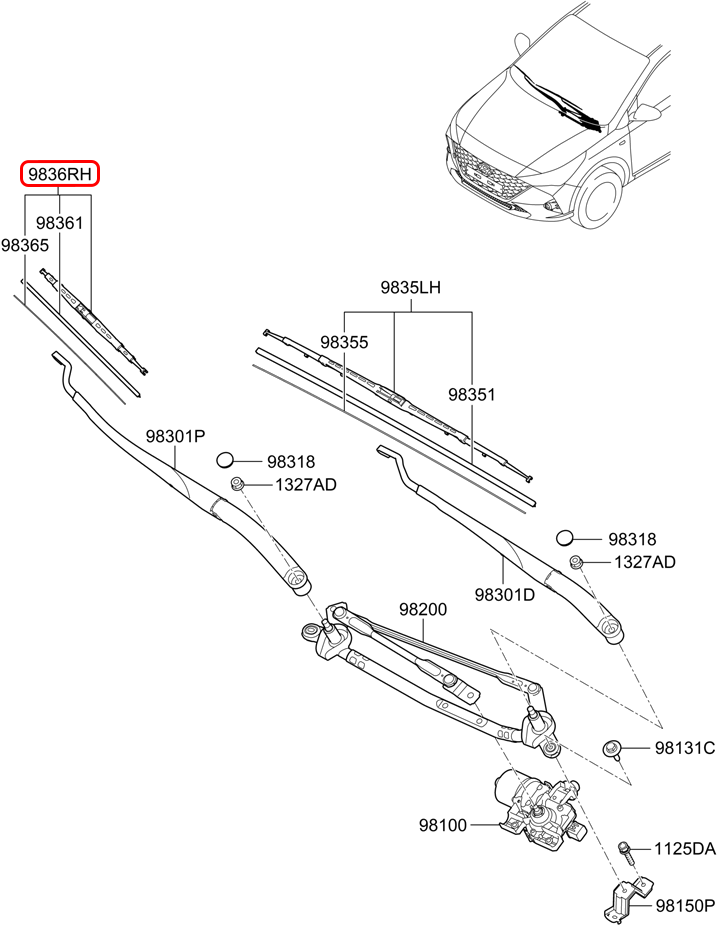 Thanh gạt mưa trước chính hãng HYUNDAI RH | 98360H6000 tại HCM