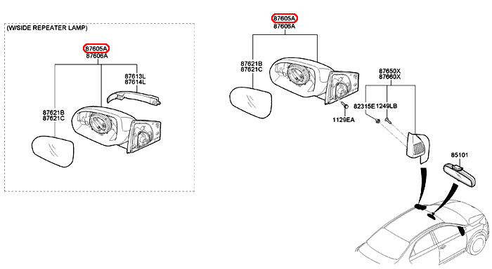 Kính chiếu hậu KIA Soluto 19 LH gập điện 7 giắc, 87610H7010-01,chính hãng KIA HCM