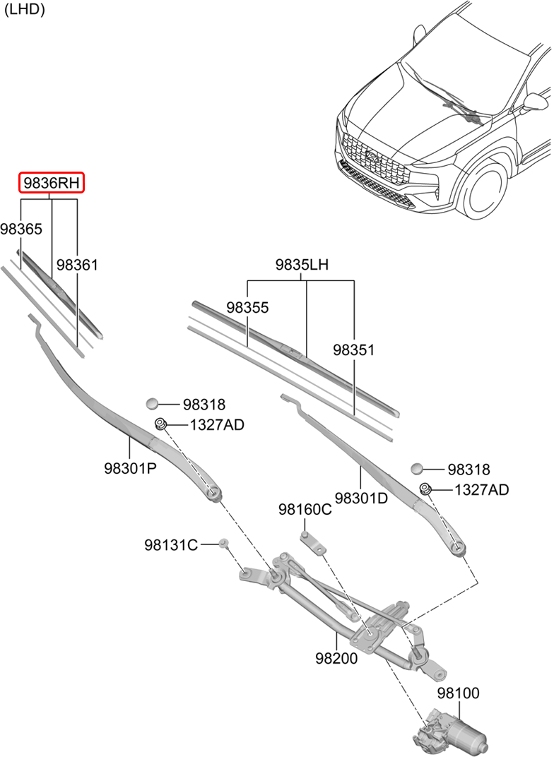 Thanh gạt mưa trước chính hãng HYUNDAI RH | 98360S1000 tại HCM