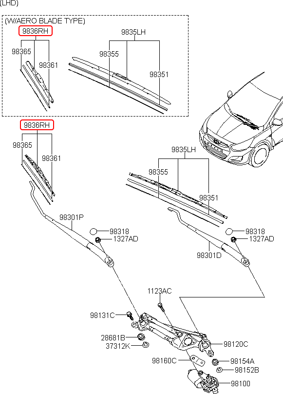 Thanh gạt mưa trước chính hãng HYUNDAI RH | 983601R000 tại HCM