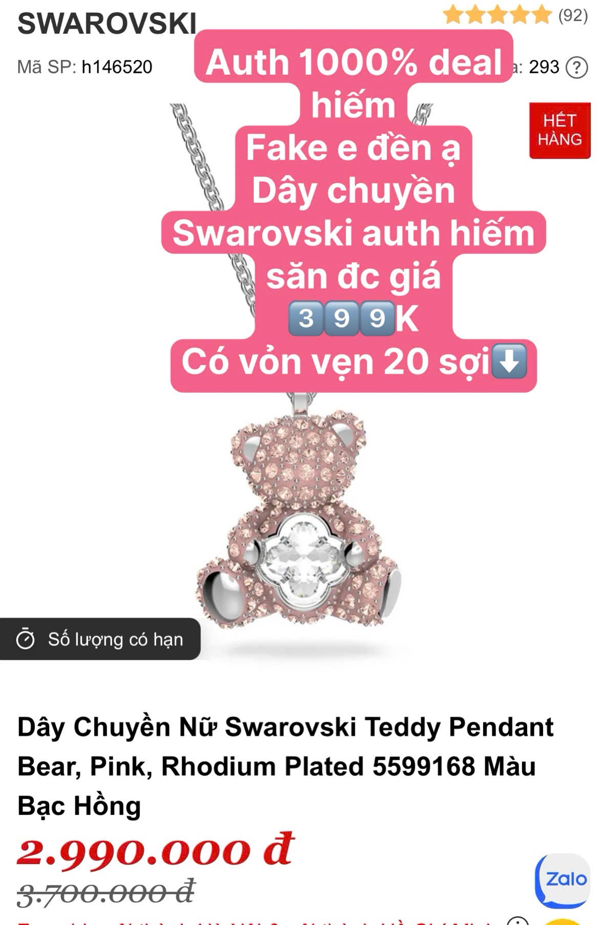 Auth tuồn xịn - DÂY CHUYỀN SWAROVSKI TEDDY AUTH XỊN