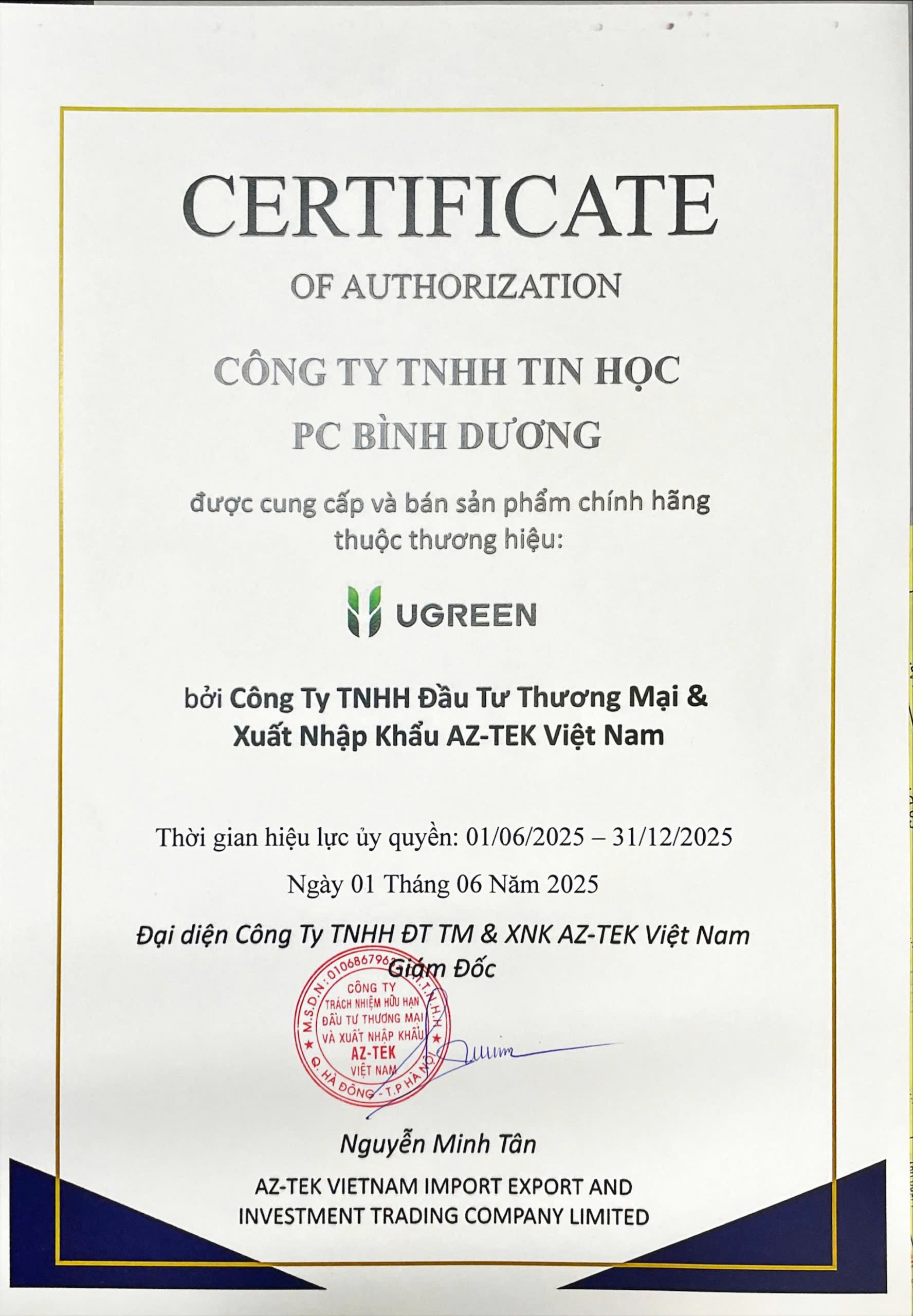 Chứng Nhận Đại Lý Ugreen Chính Hãng Tại Bình Dương