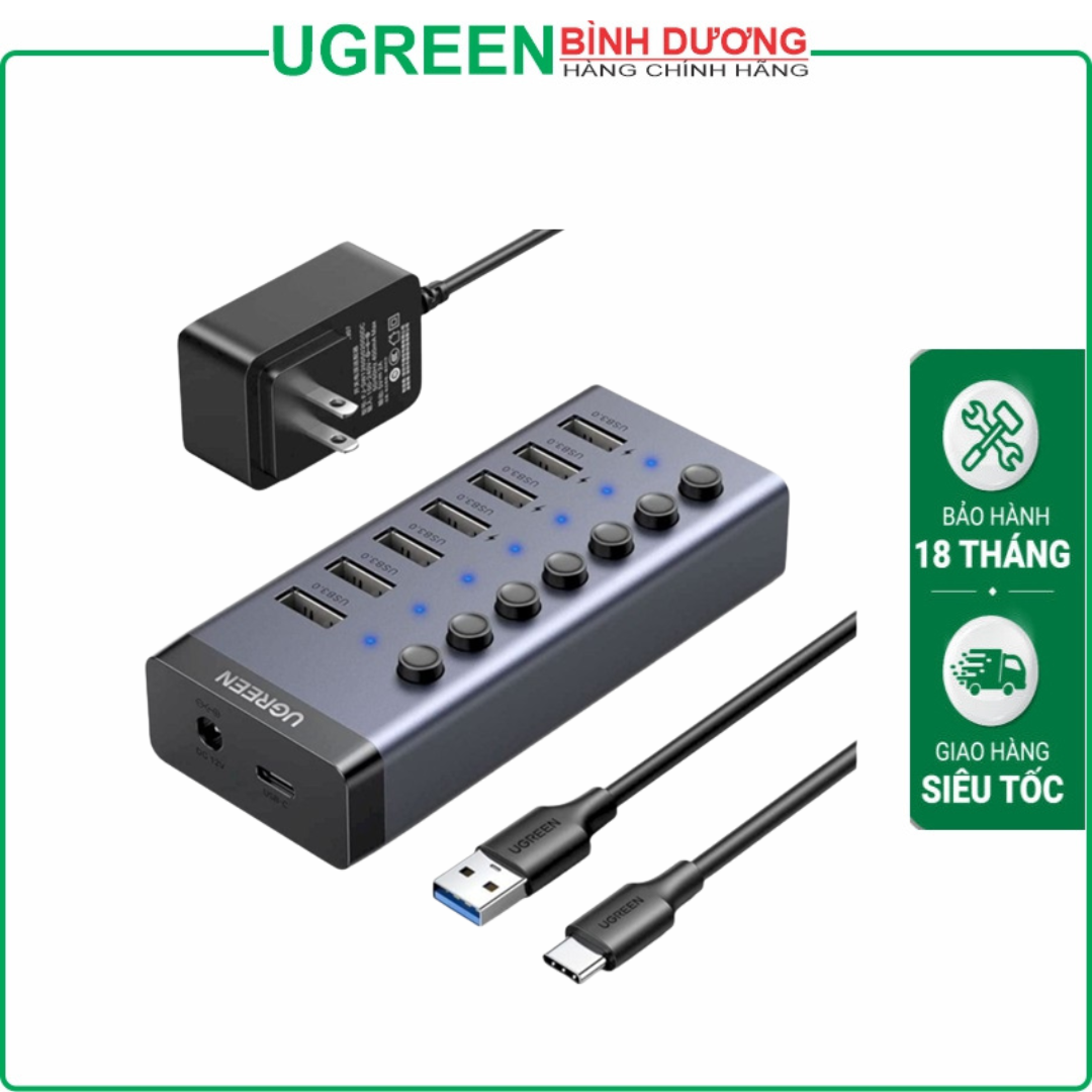 Bộ HUB chia 7 cổng USB 3.0 5Gbps vỏ nhôm, công tắc Ugreen 90305 (kèm nguồn 12V2A) cao cấp