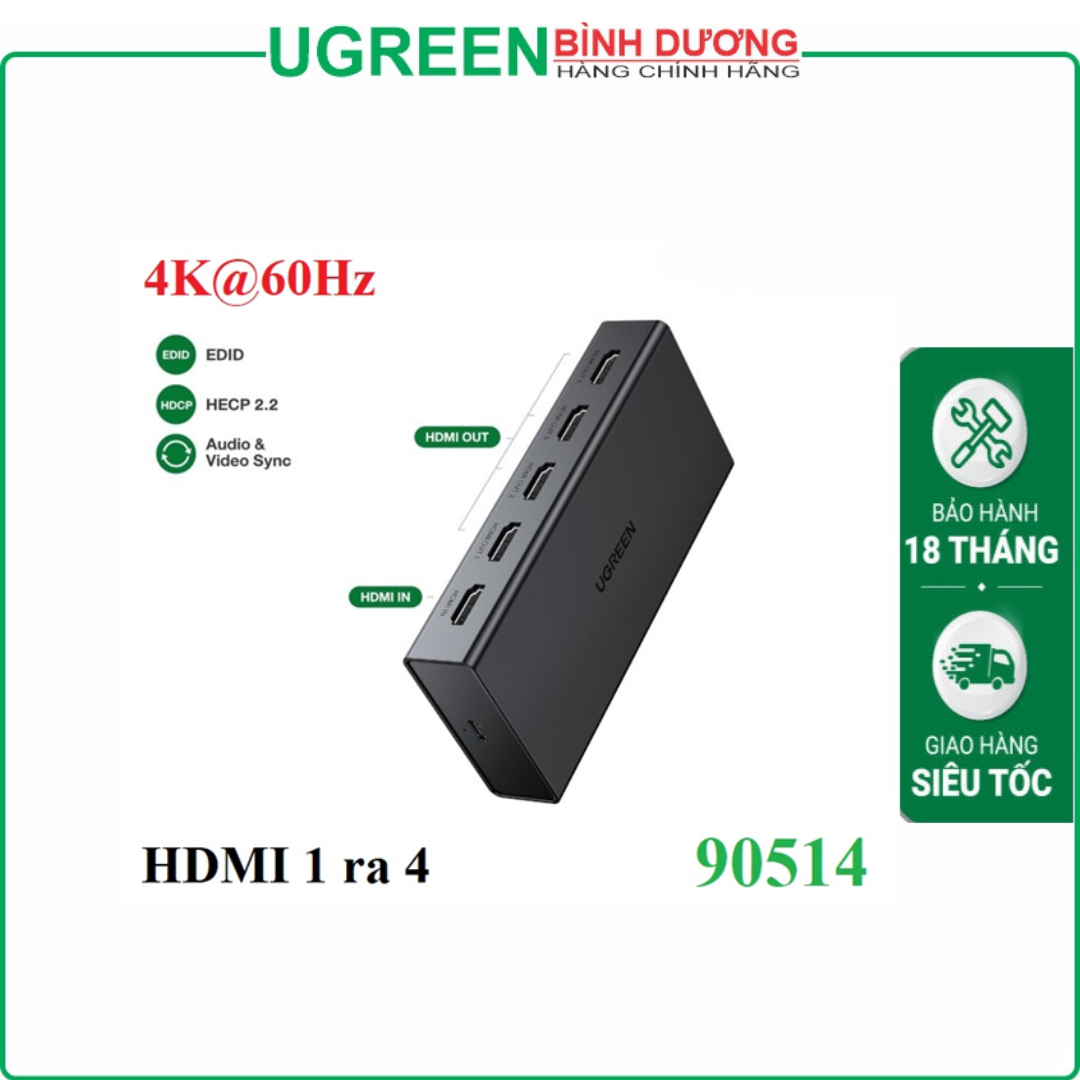 Bộ chia HDMI 2.0 từ 1 ra 4 cổng hỗ trợ 4K@60Hzk Ugreen 90514 cao cấp (1-4)
