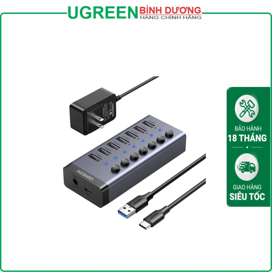 Bộ chia Hub USB 3.0 có 7 cổng màu đen nguồn 12V Ugreen (90307)