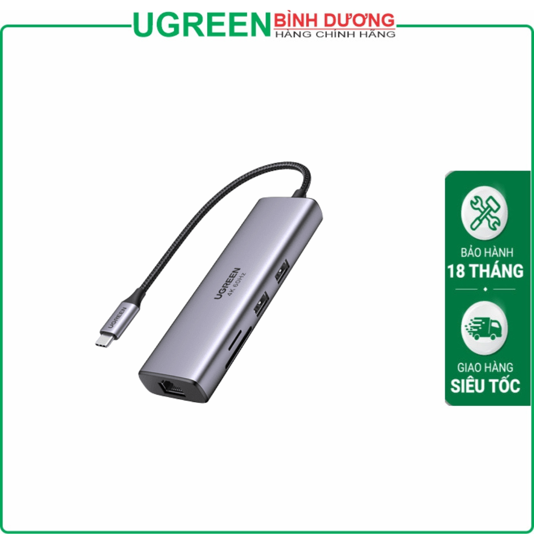 Bộ chuyển đổi Type C UGREEN 60515 – 2xUSB 3.0, HDMI, RJ45, SD, TF + PD