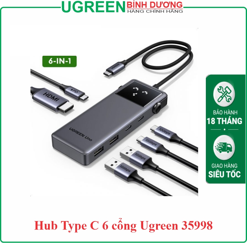 Hub chuyển đổi Type-C to HDMI + USB 3.2 + Type-c + PD 100W (6-In-1) 4K Ugreen (35998)