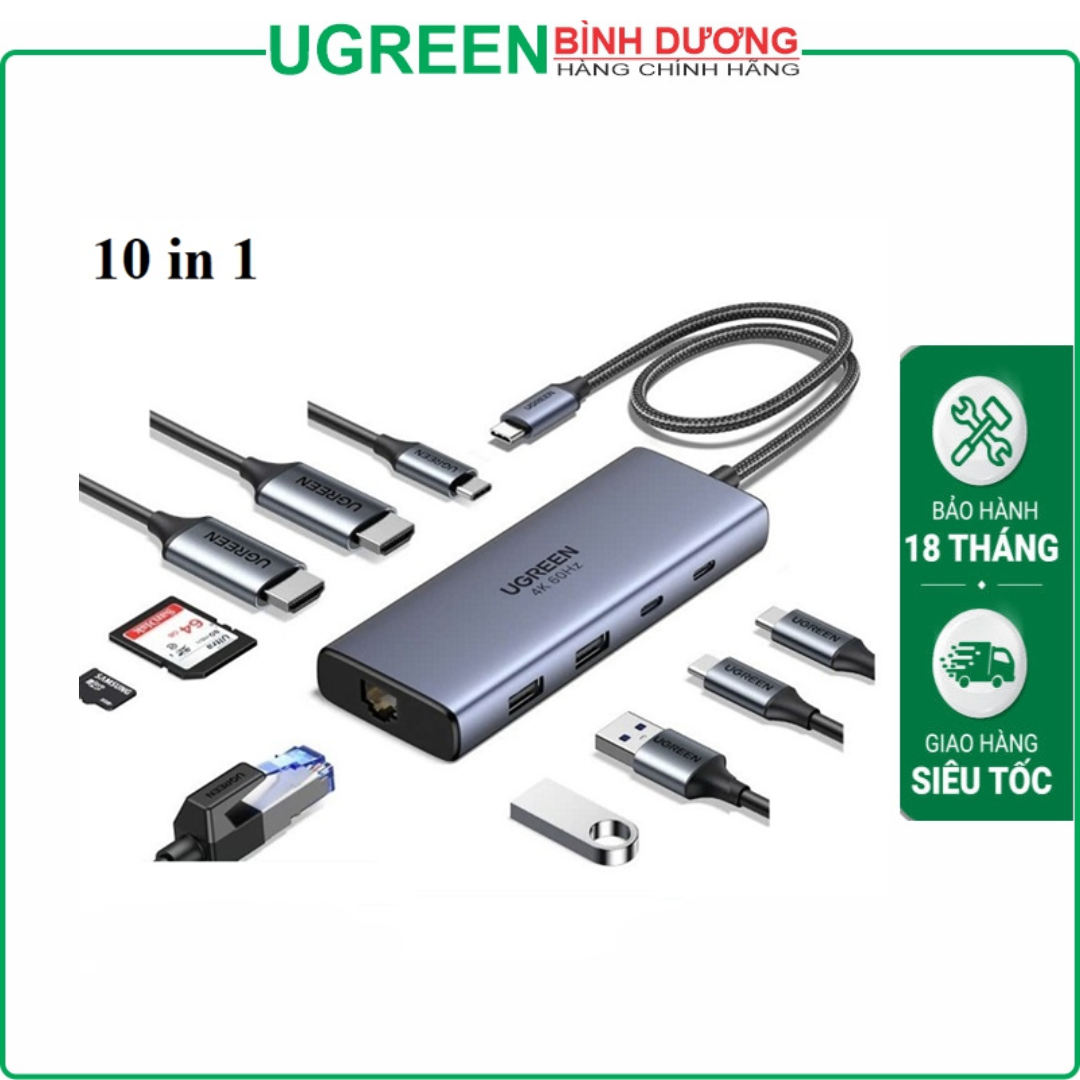 Bộ chuyển đổi USB-C sang USB-C PD+USB-A 3.2+USB-A 3.0+2xUSB-C 3.2+2xHDMI+LAN+SD/TF hỗ trợ 4K Ugreen (45380)