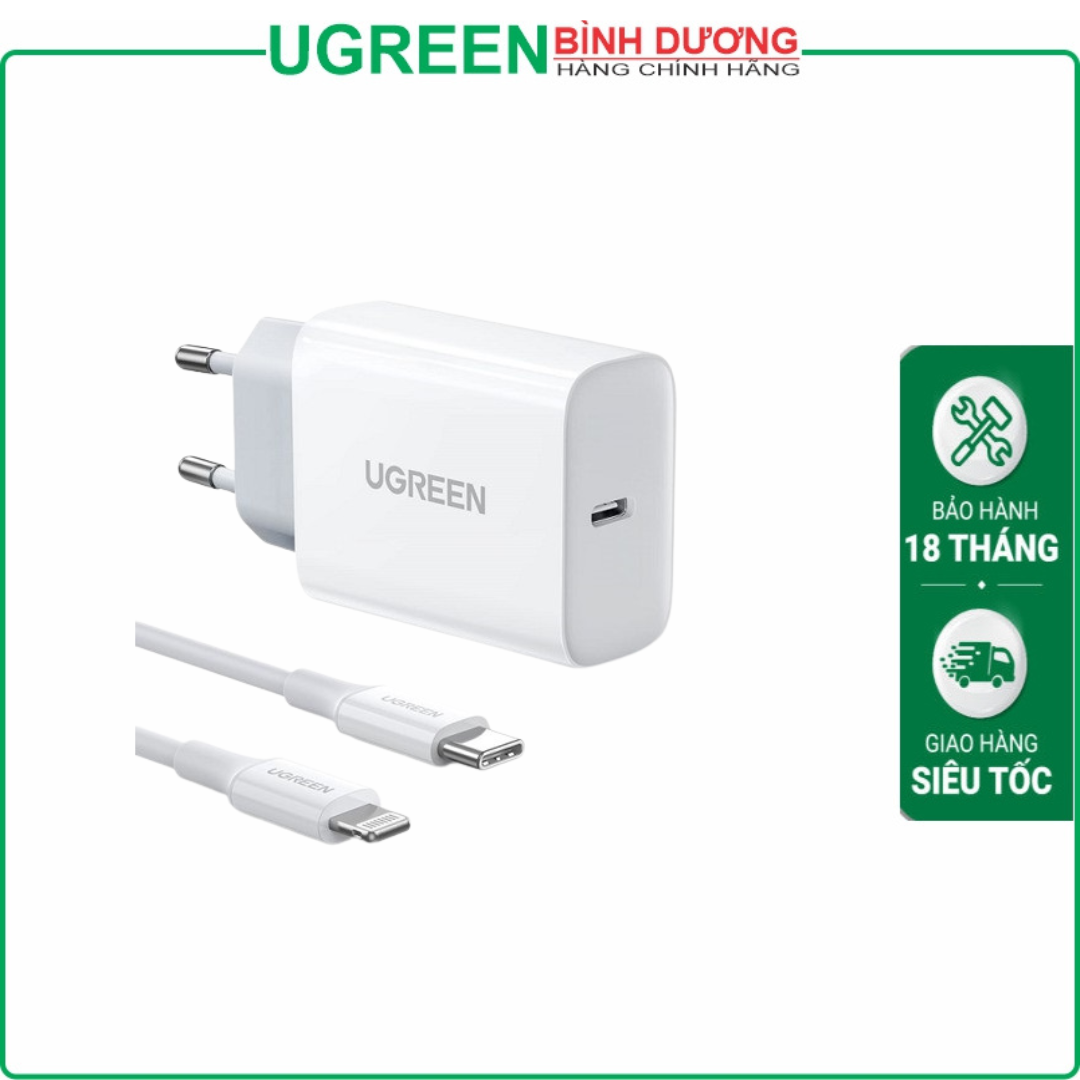 Bộ củ sạc nhanh 20W kèm cáp Type-C to Lightning dài 1M Ugreen 50698 cao cấp (EU)