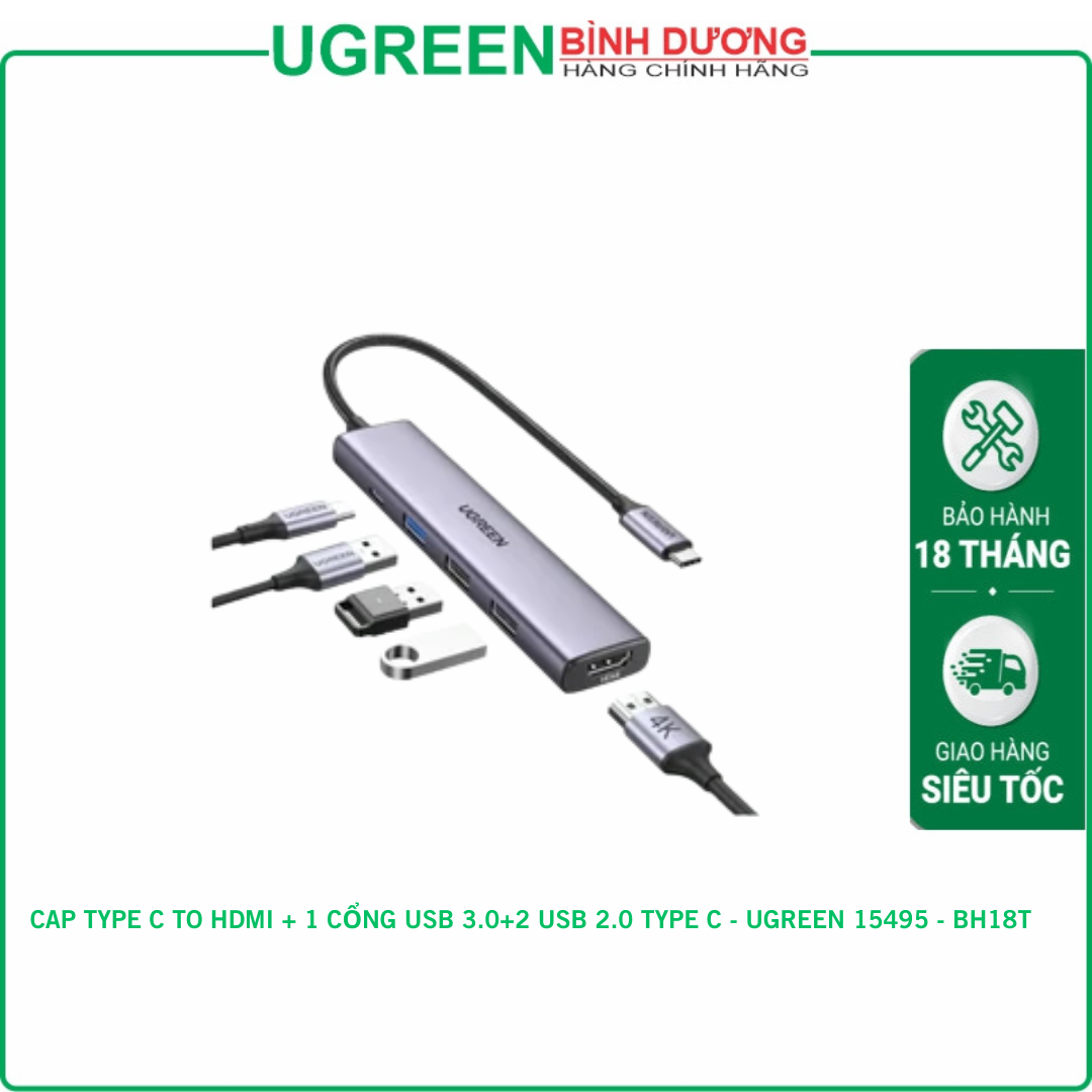 CAP TYPE C TO HDMI + 1 CỔNG USB 3.0+2 USB 2.0 TYPE C - UGREEN 15495 - BH18T