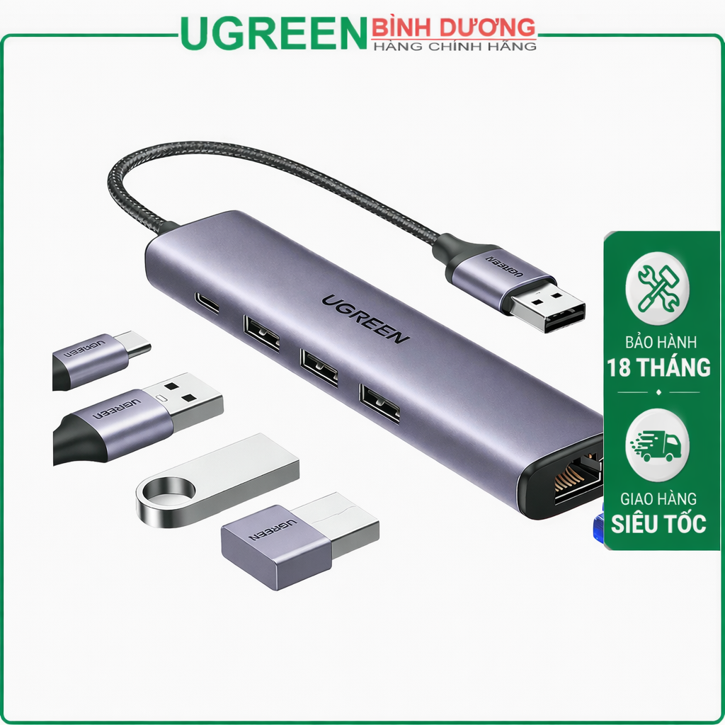 Hub chuyển đổi USB TO LAN 1GB + 3 CỔNG USB 3.0 + 1 Cổng Nguồn phụ Type-C 5V-2A UGREEN 60554