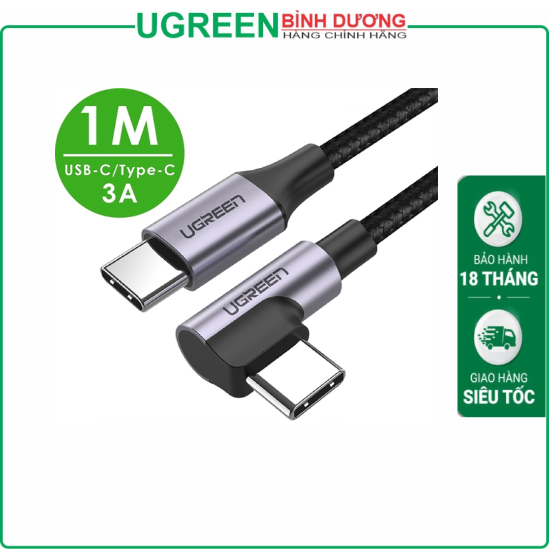Cáp 1 đầu thẳng 1 đầu L bẻ 90 độ Type-c To Type-c dài 1m (Sạc nhanh 60W+Truyền dữ liệu/Ko xuất hình) Ugreen (50123)