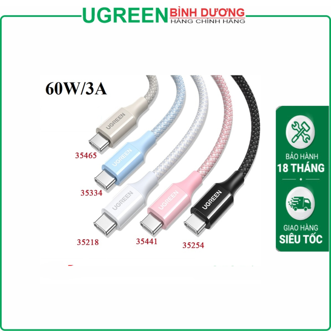 Cáp 2 đầu thẳng Type-c To Type-c dài 1m bọc dù (Sạc nhanh 60W+Truyền dữ liệu/Ko xuất hình) màu đen Ugreen 35254