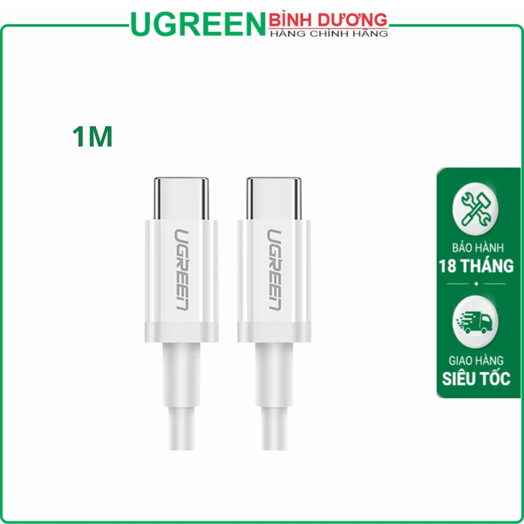 Cáp 2 đầu thẳng Type-c To Type-c dài 1m bọc dù (Sạc nhanh 60W+Truyền dữ liệu/Ko xuất hình) màu trắng Ugreen (35218)