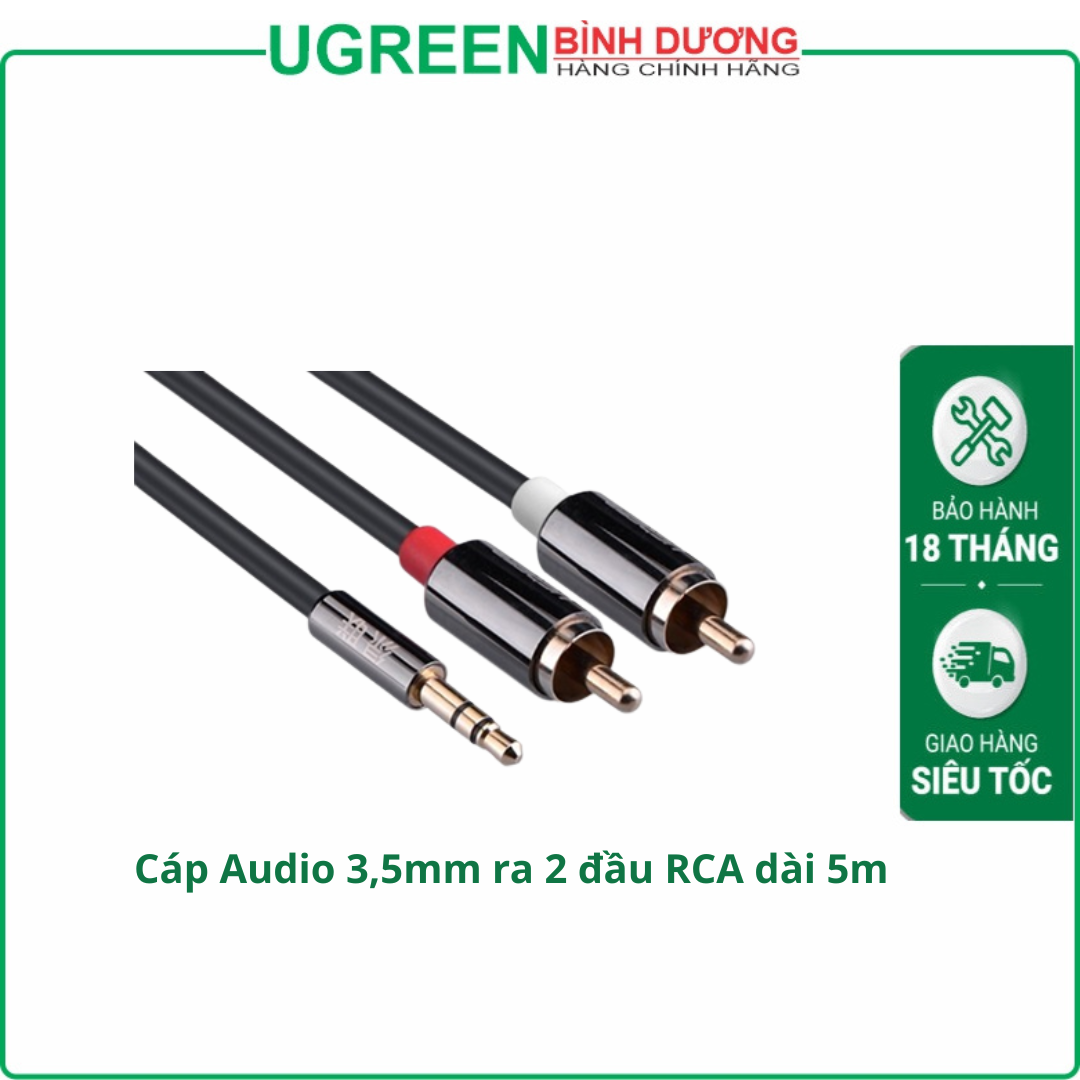 Cáp Audio 3,5mm ra 2 đầu RCA dài 5m chính hãng Ugreen 10591 cao cấp