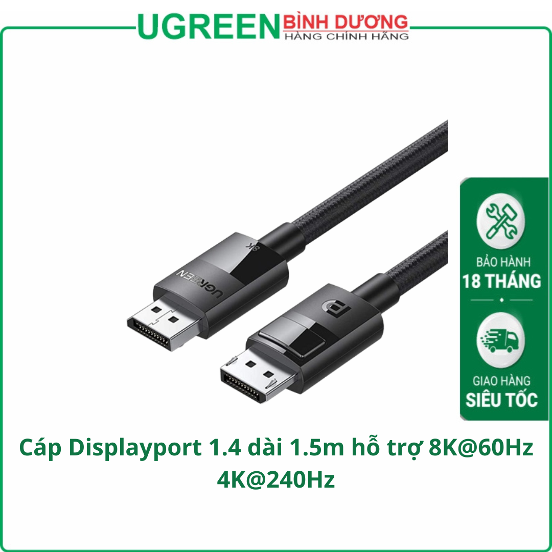 Cáp Displayport 1.4 dài 1,5m hỗ trợ 8K@60Hz 4K@240Hz chính hãng Ugreen 80391 cao cấp