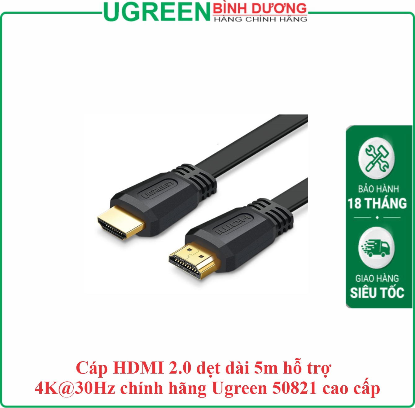 Cáp HDMI 2.0 4K dây dẹp dài 5M Ugreen (50821)