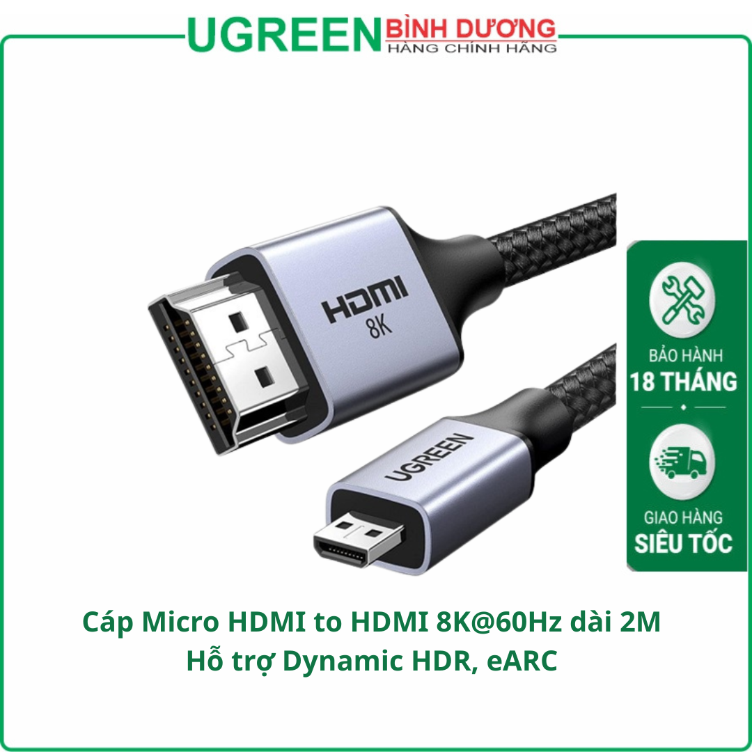 Cáp Micro HDMI to HDMI Ugreen 15517 HD164 (HDMI 2.1 8K@60Hz,Dynamic HDR,eARC 48Gbps)