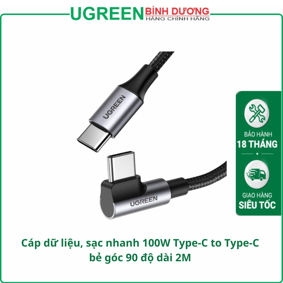 Cáp Sạc Ugreen 70645 (USB Type C to Type C, bẻ góc 90, dài 2m, PD 100W)
