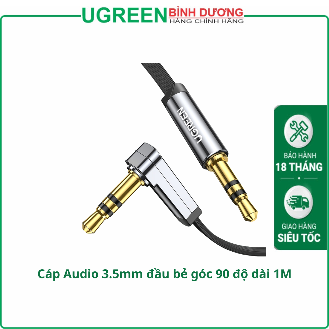 Cáp âm thanh 3.5mm Ugreen 10597 AV119,đầu góc 90 độ dây dẹp 1met Cao Cấp