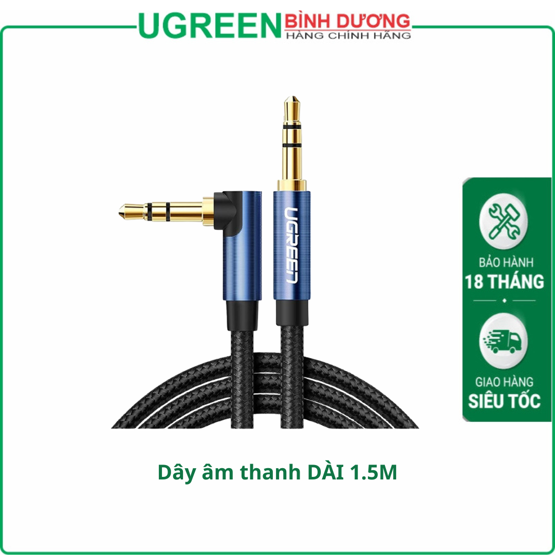 Cáp audio âm thanh AUX 3.5mm bện Nylon bẻ góc 90 độ dài 1,5M Ugreen 60180 cao cấp (Blue)