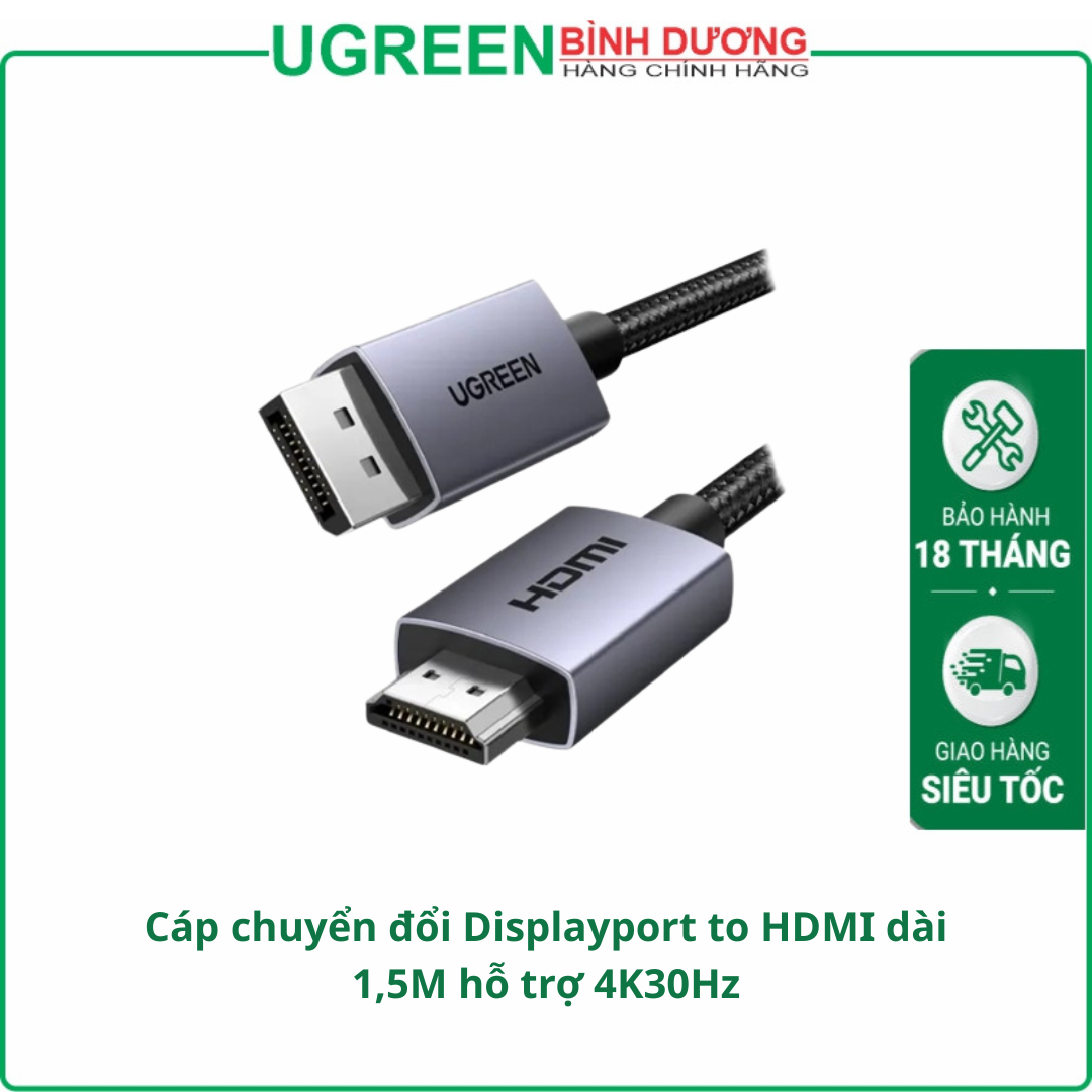 Cáp chuyển đổi Displayport to HDMI dài 1,5M hỗ trợ 4K30Hz Ugreen 35841 cao cấp