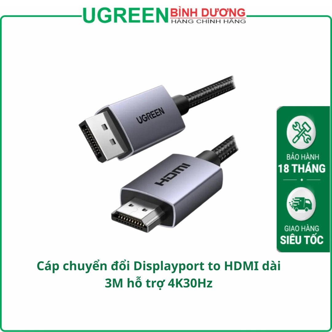 Cáp chuyển đổi Displayport to HDMI dài 3M hỗ trợ 4K30Hz Ugreen 35843 cao cấp