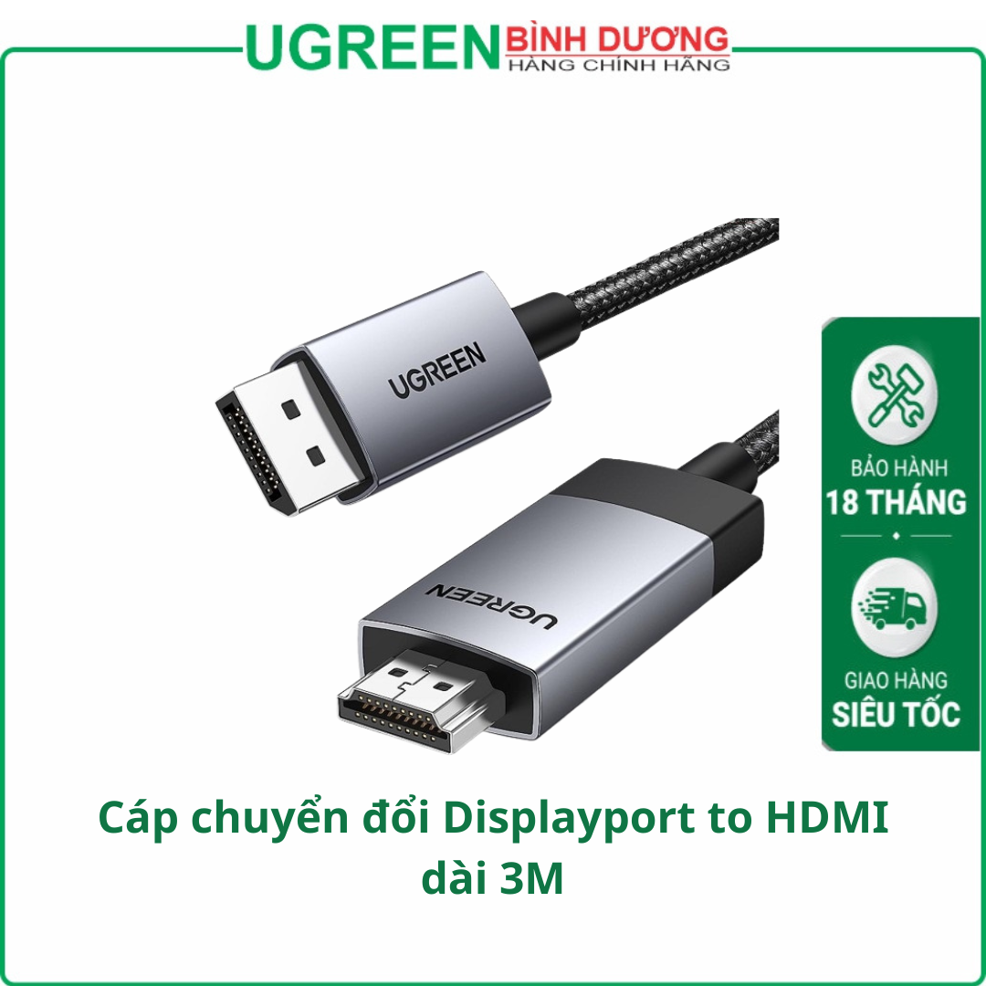 Cáp chuyển đổi Displayport to HDMI dài 3M hỗ trợ 4K60Hz, 2K60Hz, 1080p120Hz Ugreen 25491 cao cấp