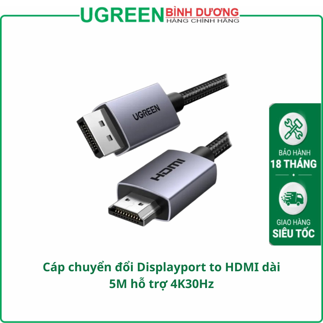 Cáp chuyển đổi Displayport to HDMI dài 5M hỗ trợ 4K30Hz Ugreen 35845 cao cấp