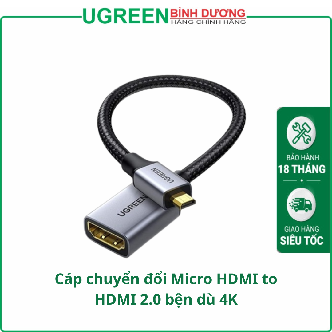 Cáp chuyển đổi Micro HDMI to HDMI 2.0 bện dù 4K 3D 1080P Ugreen 10553 cao cấp