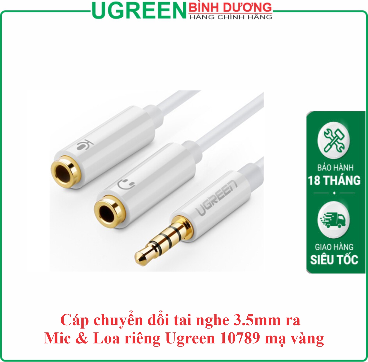 Cáp chuyển âm thanh Audio 3.5 ly ra 2 cổng cái mic + loa dài 20cm màu trắng Ugreen (10789)