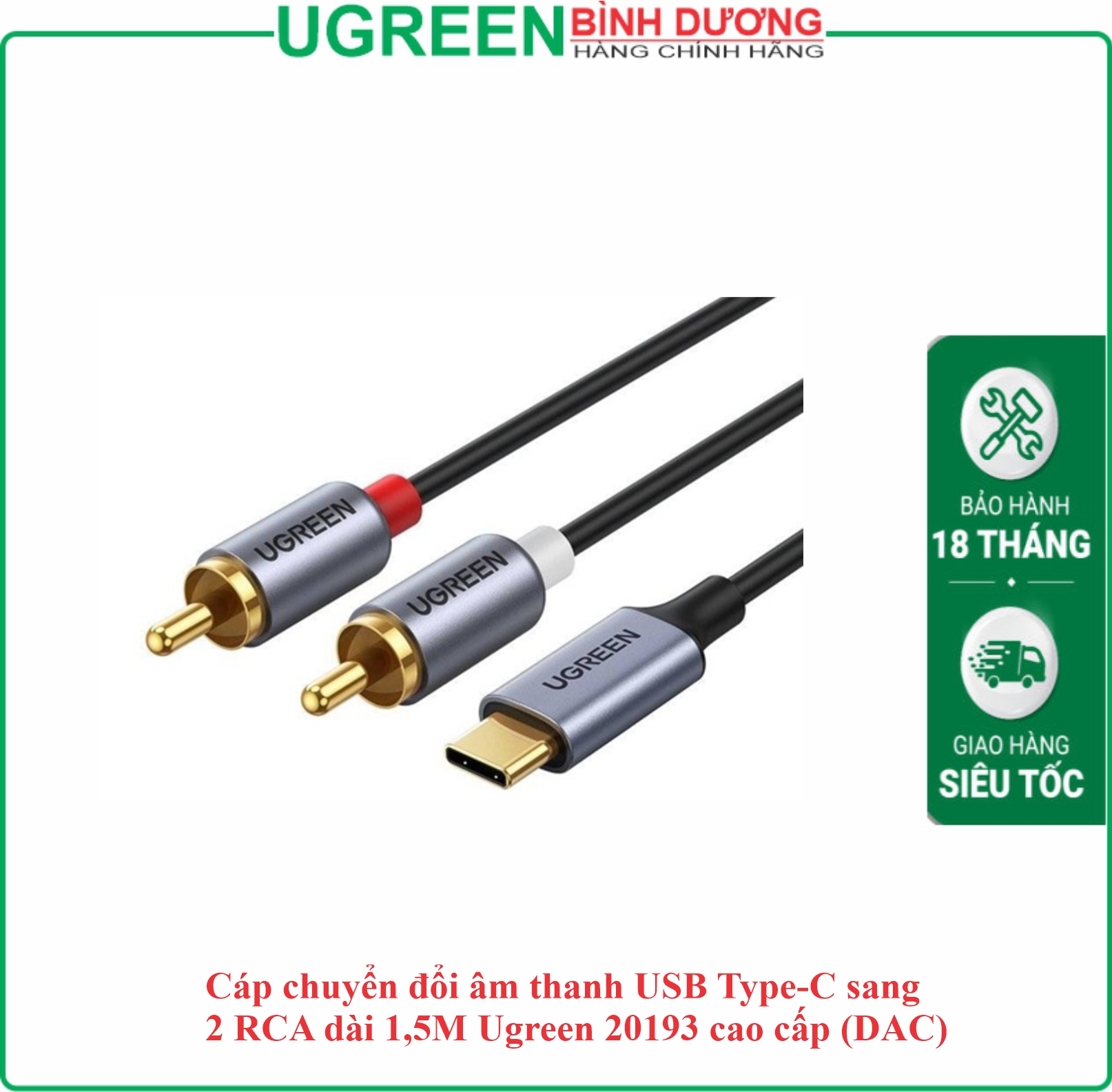 Cáp dữ liệu Type-C ra 2 đầu bông sen RCA dài 1.5m Ugreen (20193)