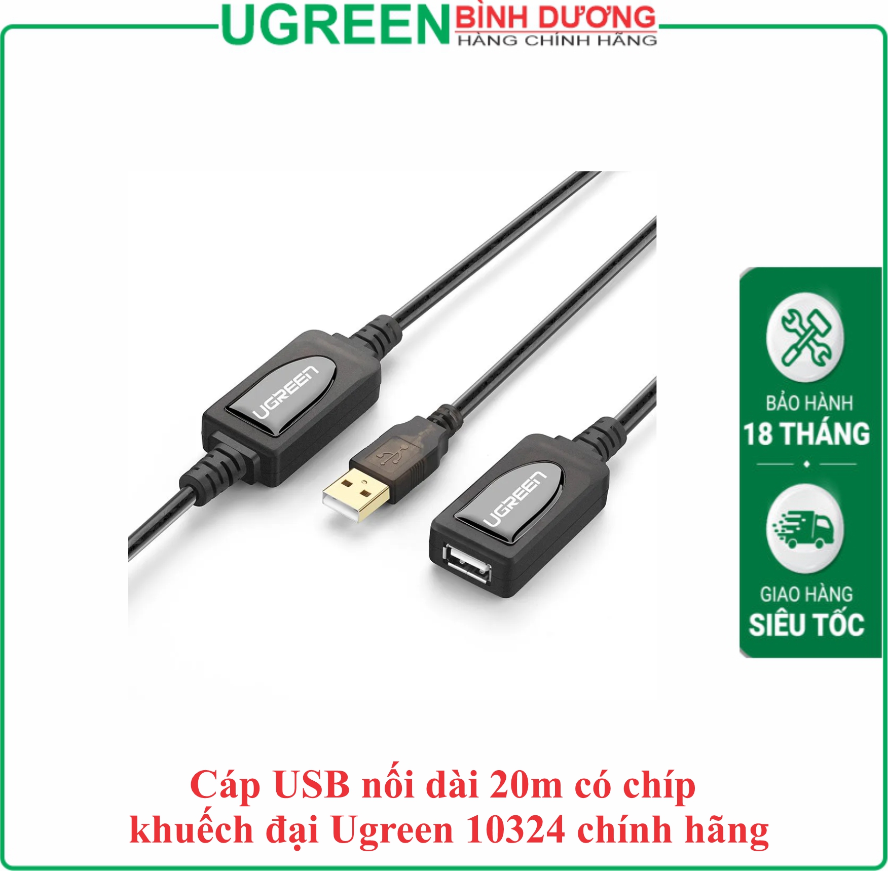 Cáp dữ liệu USB 2.0 nối dài có chip truyền dữ liệu giữa máy tính và ổ cứng USB có chipset dài 20m Ugreen (10324)