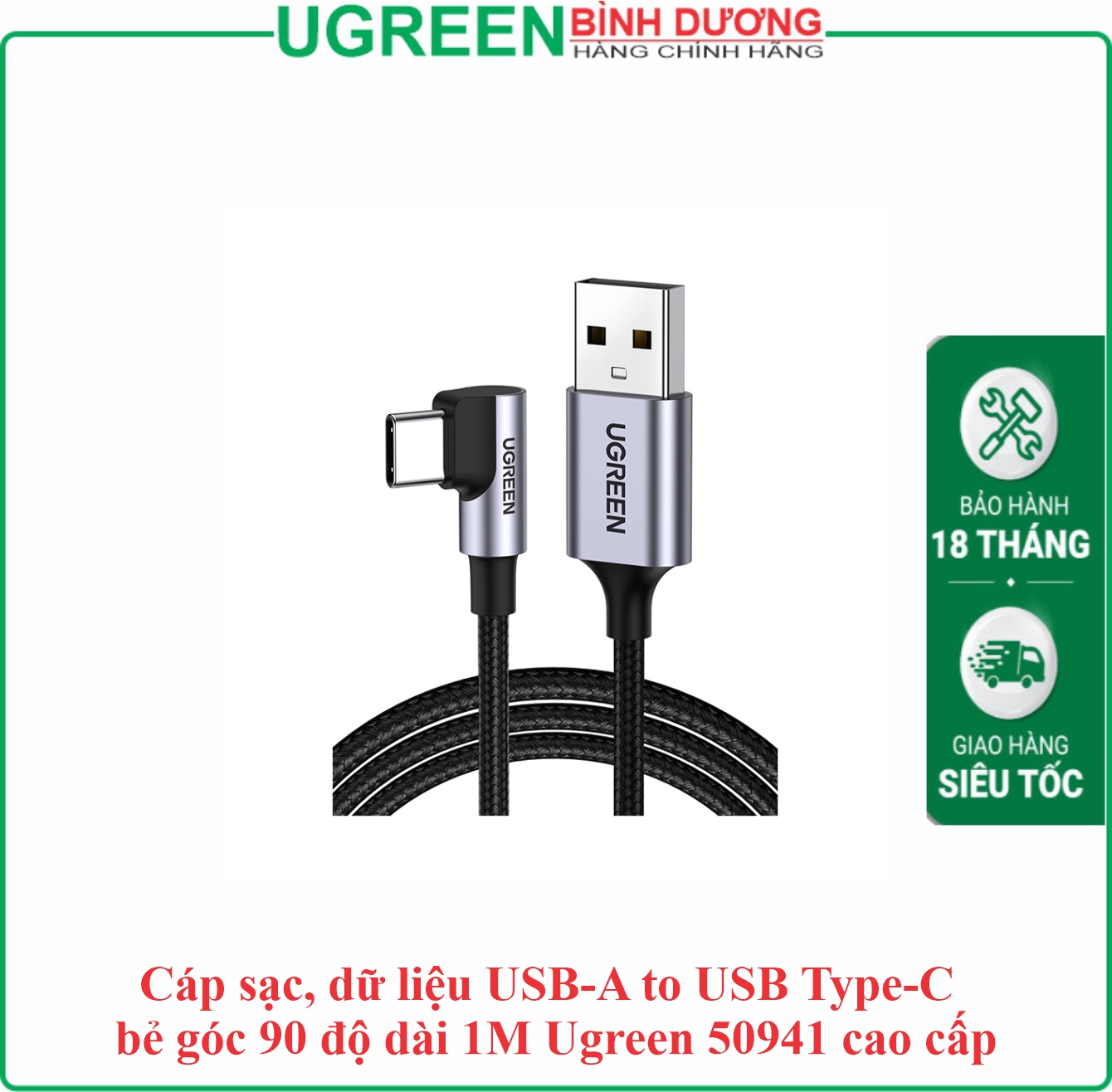 Cáp sạc và dữ liệu USB to Type-C bẻ góc 90 độ dài 1M Ugreen (50941)