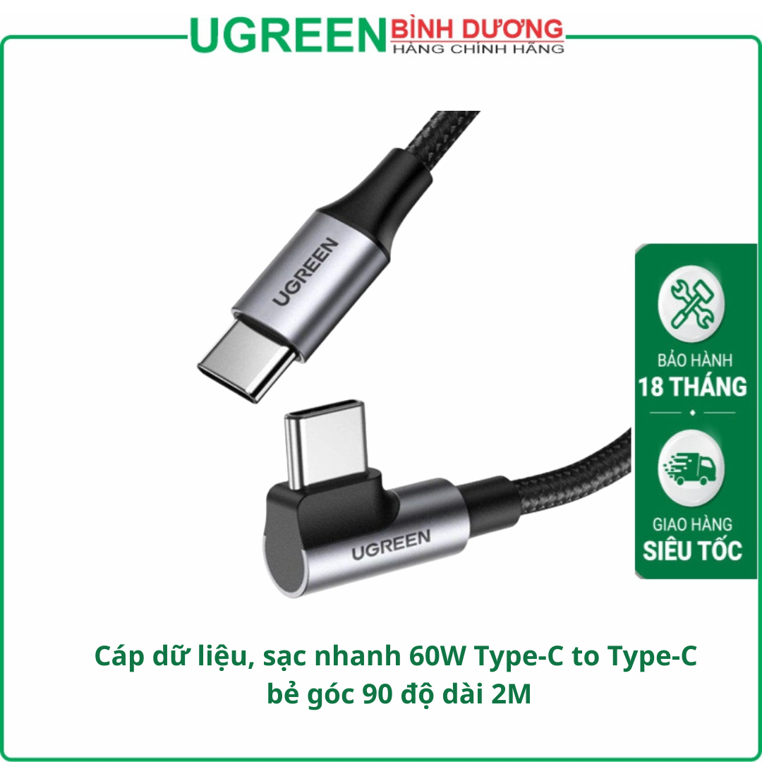Cáp dữ liệu, sạc nhanh 60W Type-C to Type-C bẻ góc 90 độ dài 2M Ugreen 50125 cao cấp
