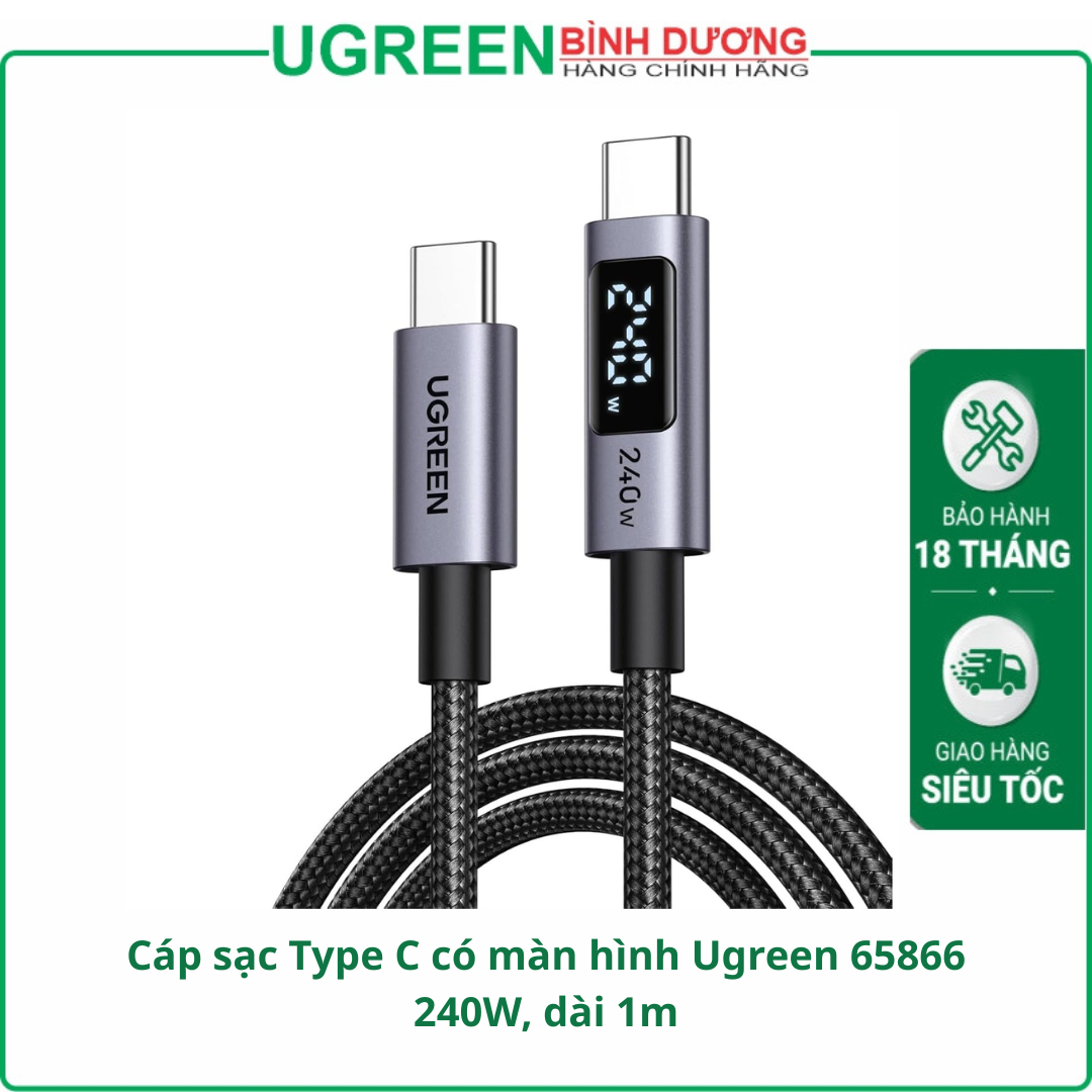 Cáp sạc Type C có màn hình Ugreen 65866 240W, dài 1m