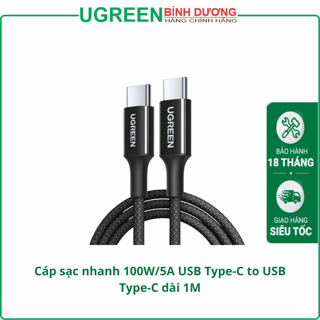 Cáp sạc nhanh 100W/5A USB Type-C to USB Type-C dài 1M Ugreen 65249 cao cấp (Màu Đen)