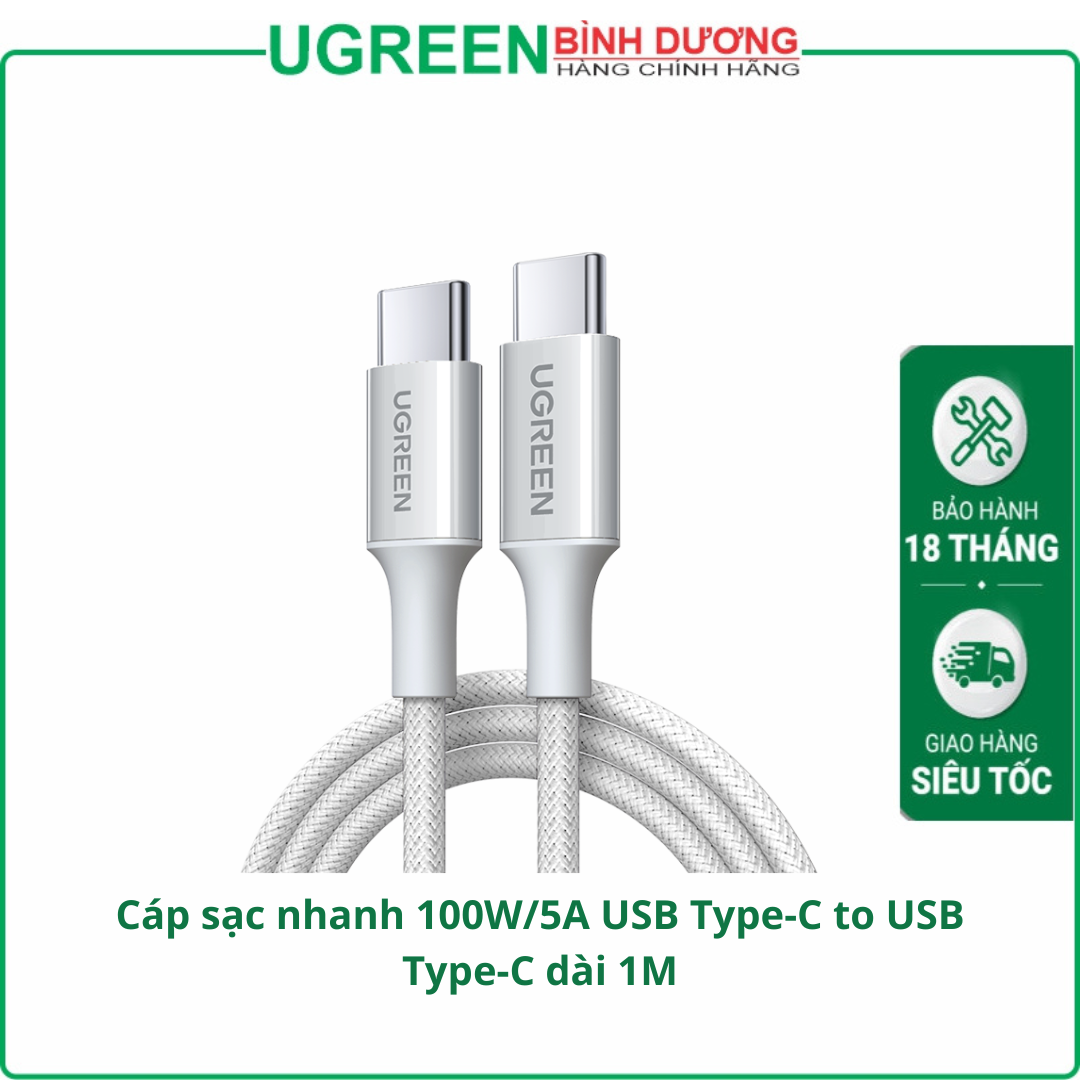 Cáp sạc nhanh 100W/5A USB Type-C to USB Type-C dài 1M Ugreen 65255 cao cấp (Màu Xám Bạc)