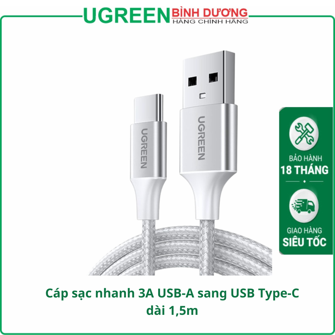 Cáp sạc nhanh 3A USB-A sang USB Type-C dài 1,5m Ugreen 60132 cao cấp