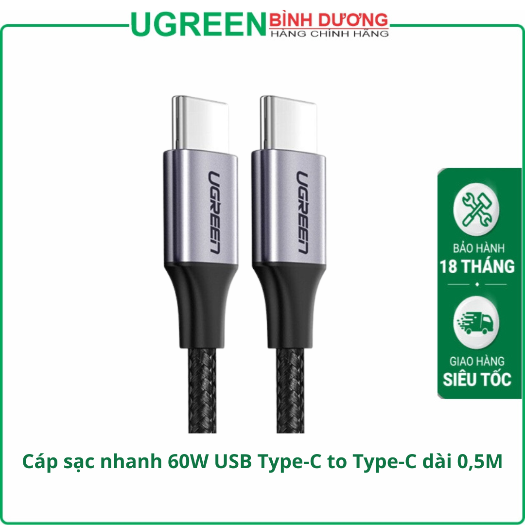 Cáp sạc nhanh 60W USB Type-C to Type-C dài 0,5M bọc nylon Ugreen 50149 cao cấp (dữ liệu)