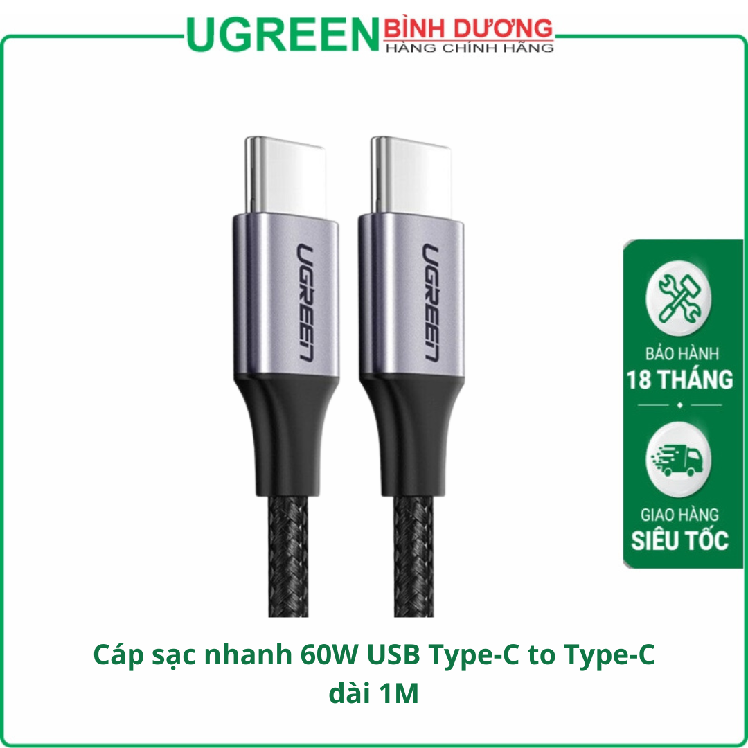 Cáp sạc nhanh 60W USB Type-C to Type-C dài 1M bọc nylon Ugreen 50150 cao cấp (dữ liệu)