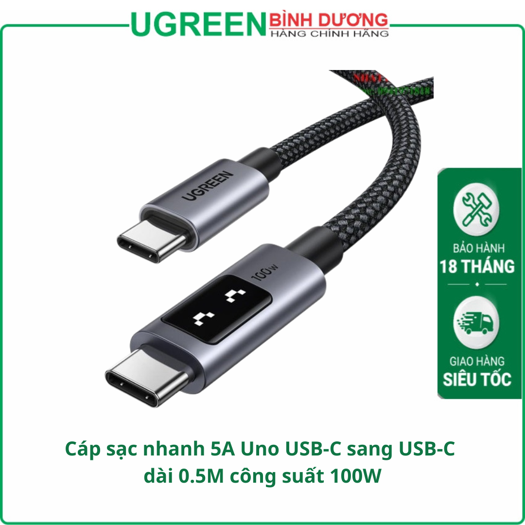 Cáp sạc nhanh USB Type C 100W 5A có đèn led Ugreen 45612 (Dài 0.5m) - Hàng chính hãng